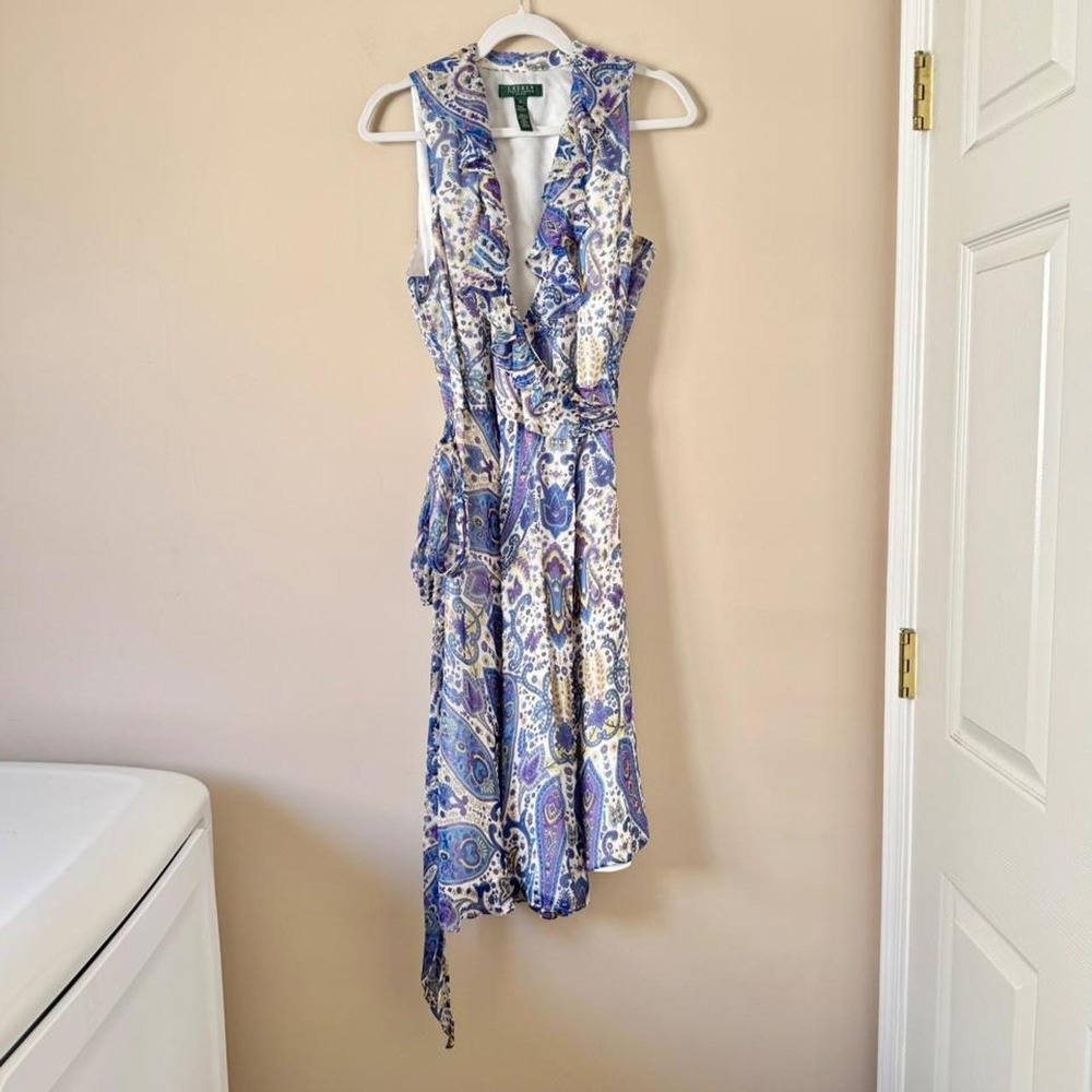 Lauren Ralph Lauren Paisley 100% Silk Wrap Dress White Purple Blue Yellow - Picture 2 of 8